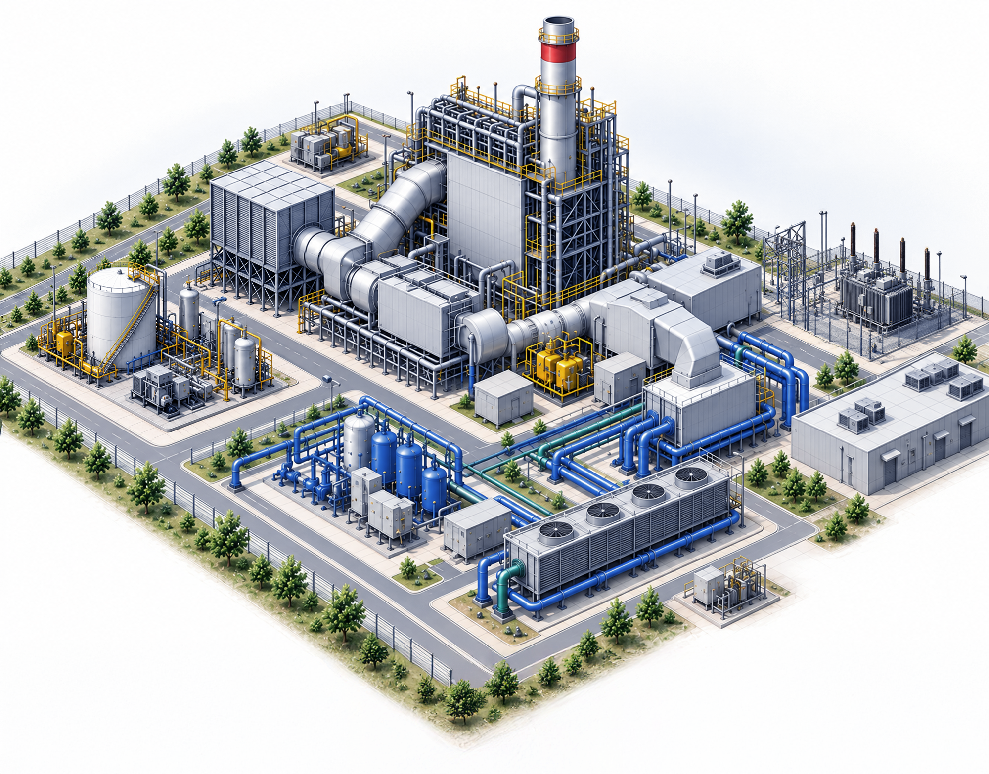 Combined-cycle facility with fuel systems, turbines, generator, water treatment and plant utilities