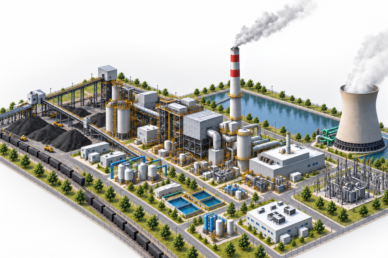 Coal-fired facility with coal and ash handling, boiler, flue-gas treatment, turbine hall and plant utilities