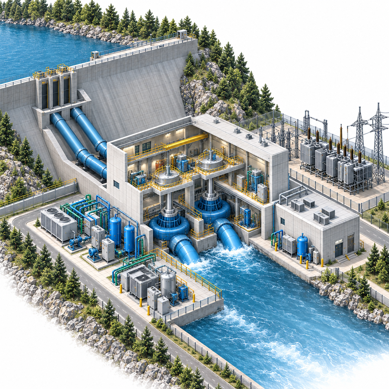 Hydroelectric dam and powerhouse with turbines, generators, water filtration equipment, transformer yard and auxiliary building