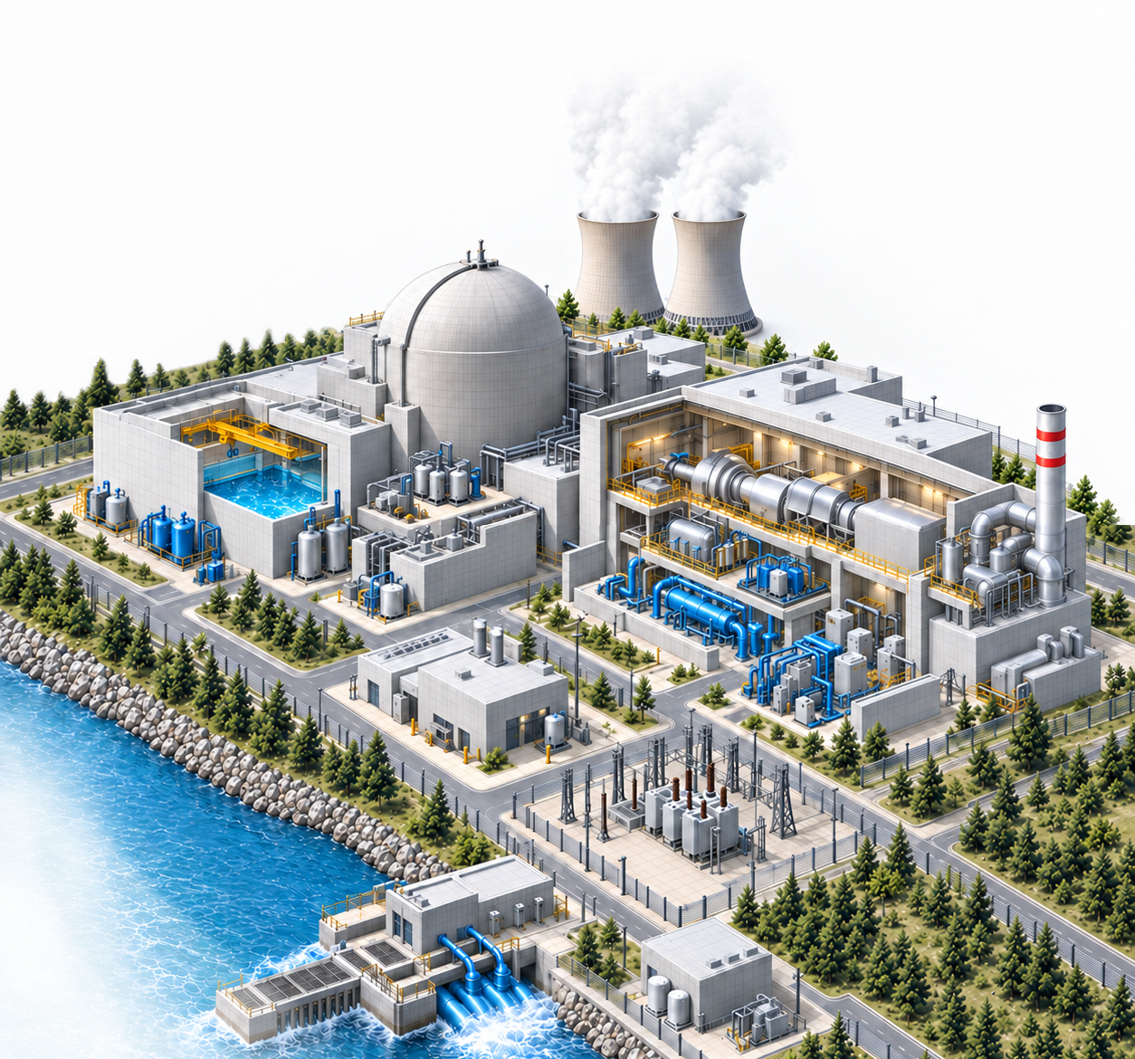 Nuclear power plant with reactor containment, spent fuel pool, turbine building, water treatment, emergency generators and plant utilities